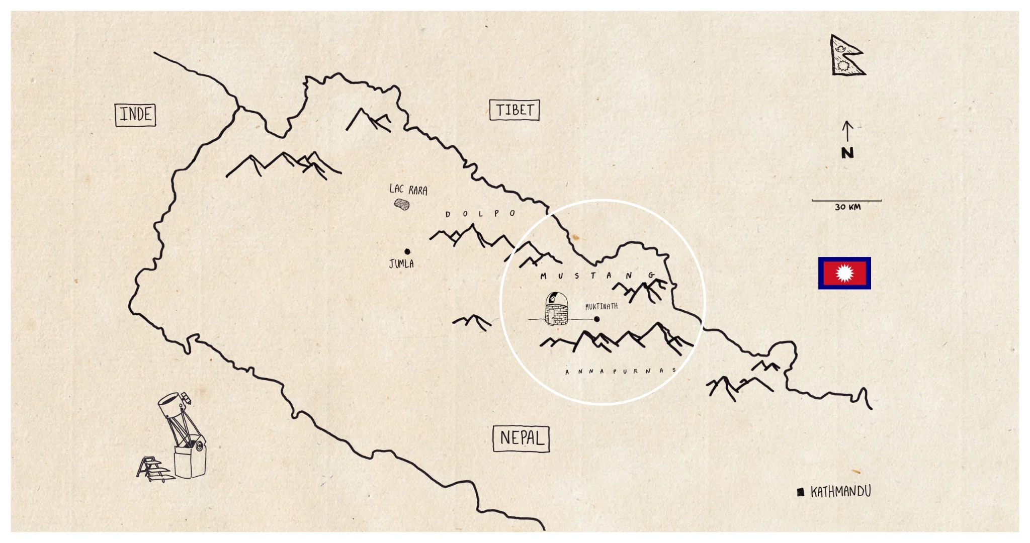Carte dessinée du Népal et localisation du Mustang